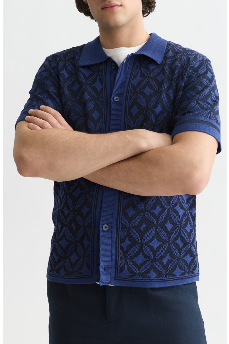 Knit Short Sleeve Button-Up Shirt, Alternate, color, TILES FLOWER SKY CAPTAIN