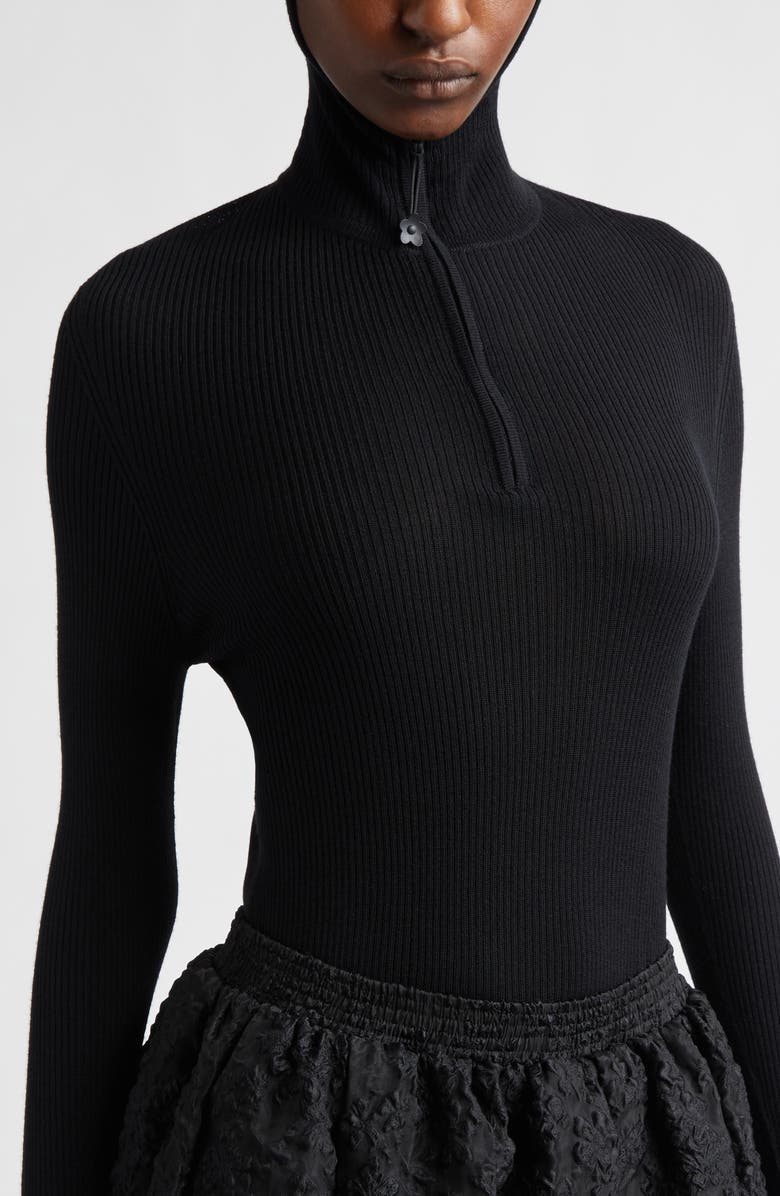 Cecilie Bahnsen Elma Hooded Rib Merino Wool Half Zip Sweater, Alternate, color, Black Summer Merino Knit