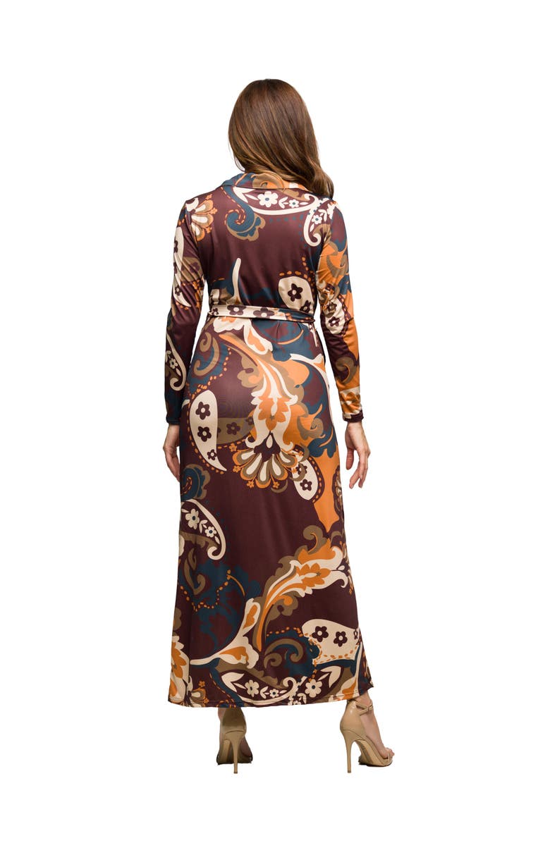 24seven Comfort Apparel Paisley Belt Waist Maxi Dress, Alternate, color, Brown Multi