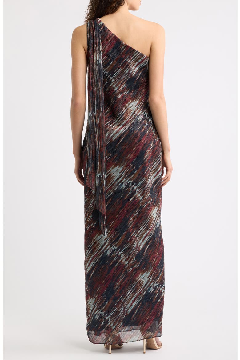 Metallic Abstract Print One-Shoulder Chiffon Gown, Alternate, color, MULTI