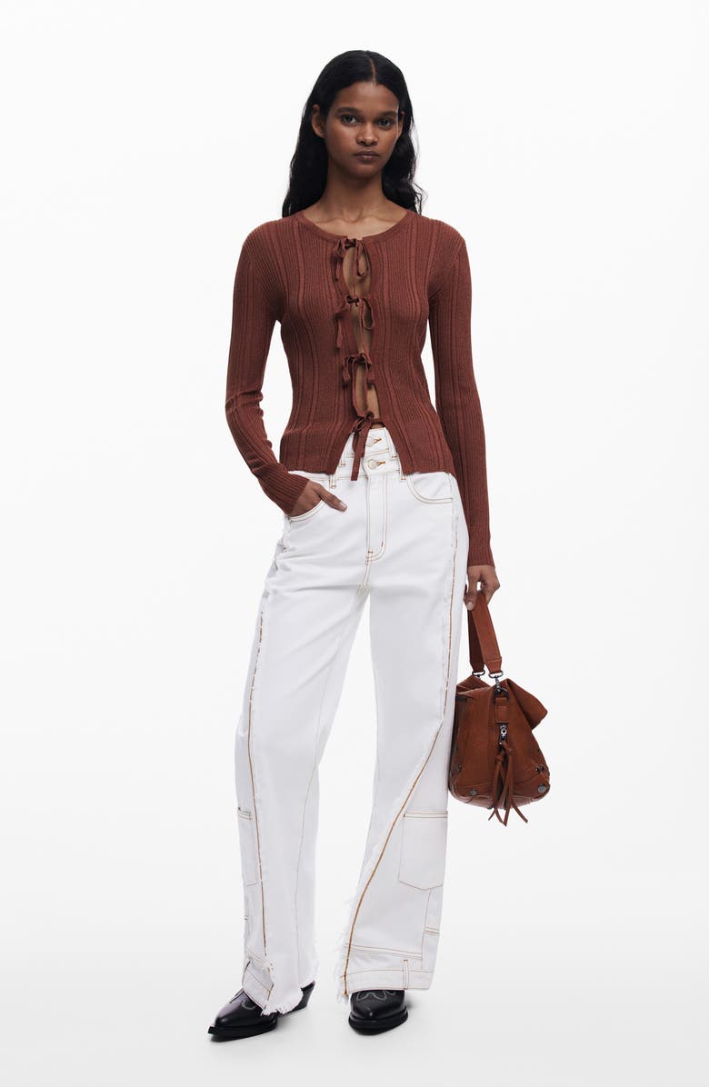 Desigual Rib Tie Front Top, Alternate, color, Brown