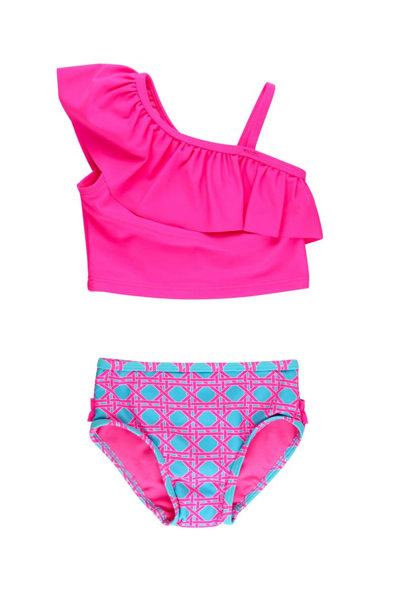 Girls One Shoulder Ruffle UPF50+ Tankini, Main, color, Neon Sorbet Cane