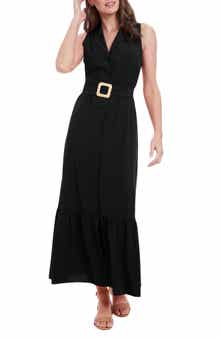 London Times Sleeveless Belted Maxi Shirtdress