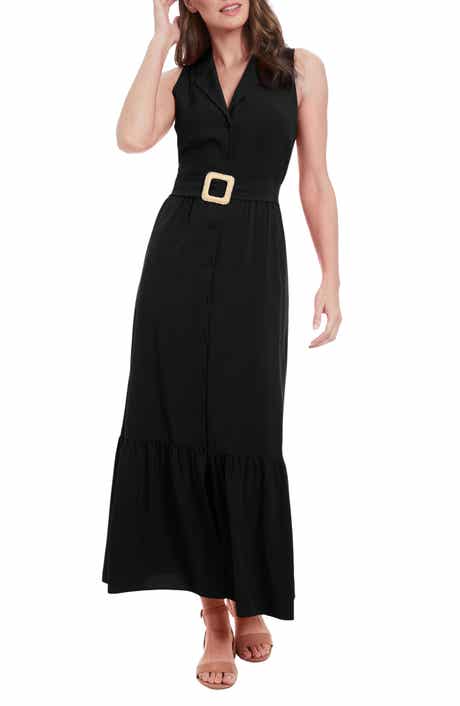 London Times Sleeveless Belted Maxi Shirtdress