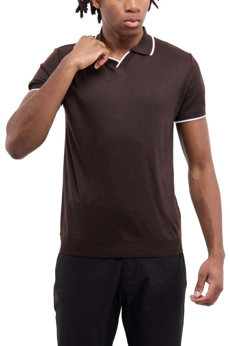 Short Sleeve Johnny Collar Polo Sweater, Alternate, color, BROWN/ WHITE