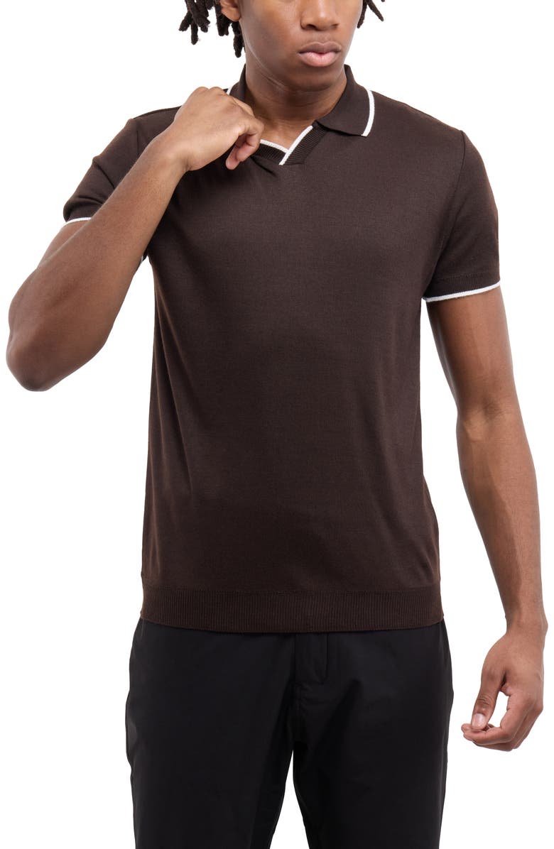 Spring + Mercer Short Sleeve Johnny Collar Polo Sweater, Alternate, color, Brown/ White
