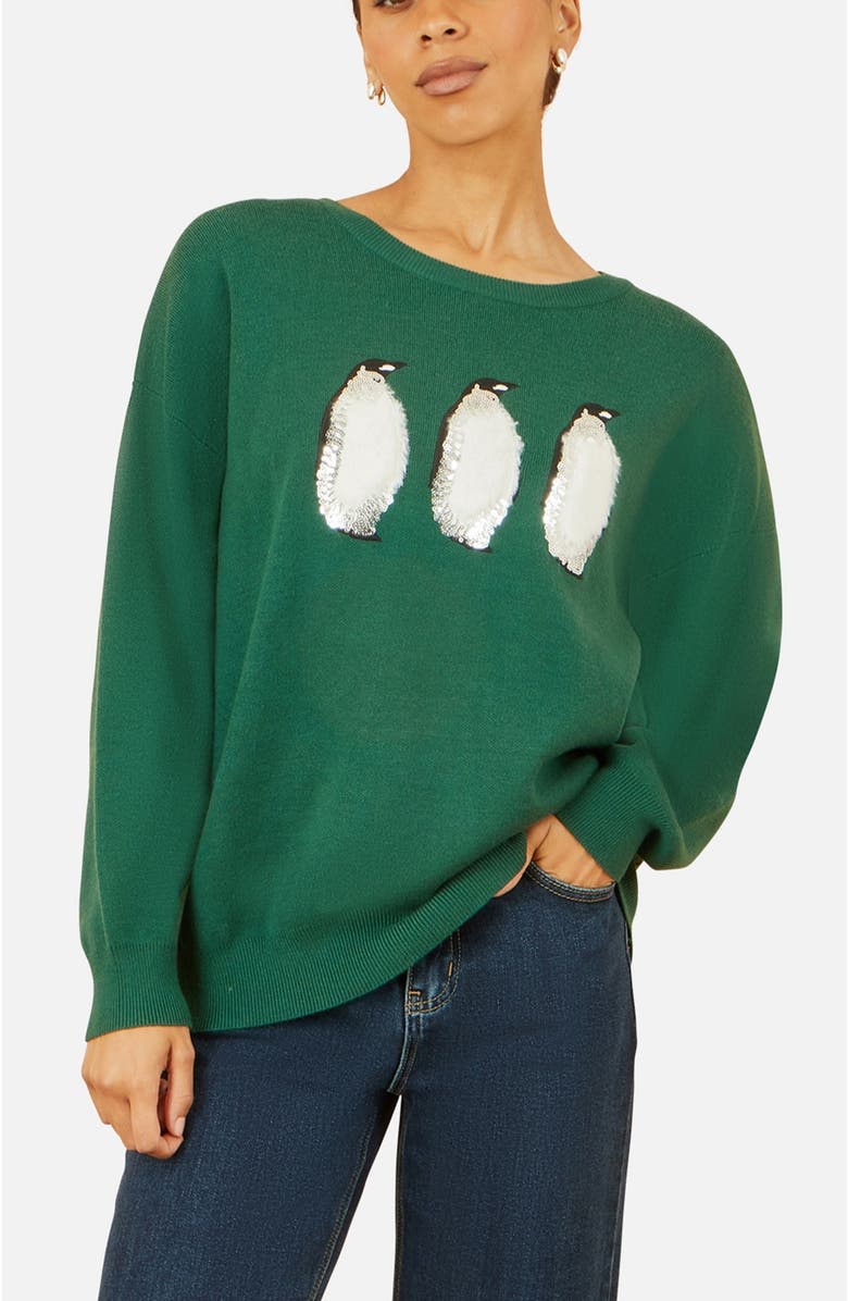 Yumi Festive Penguin Knitted Sweater, Alternate, color, Green