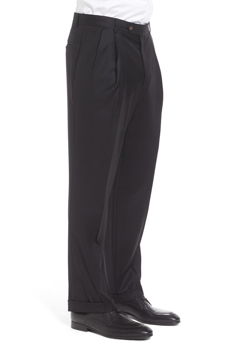 Super 130s Gabardine Pleated Trousers, Alternate, color, BLACK