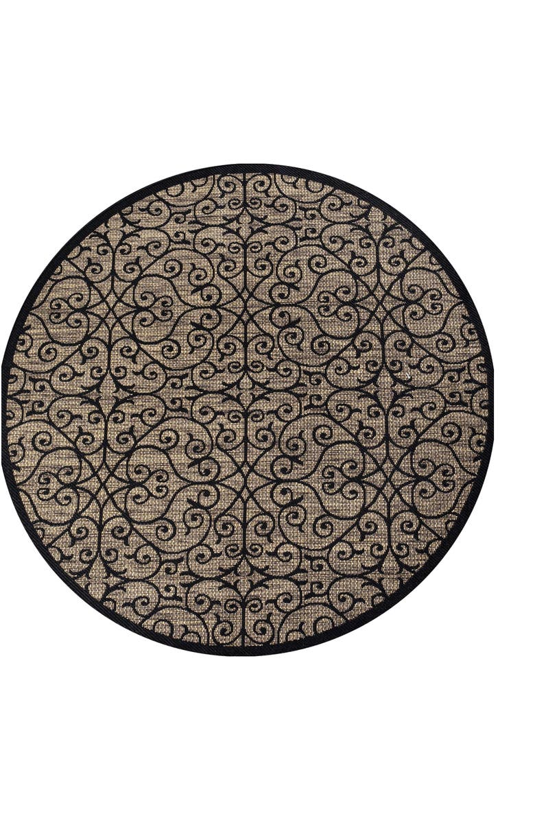 JONATHAN Y Madrid Vintage Filigree Textured Weave Indoor/Outdoor Round Area Rug, Main, color, Black/Khaki