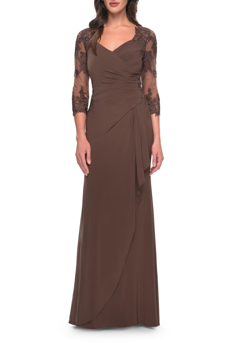 Lace and Net Jersey Gown with Illusion Sleeves, Main, color, Cocoa