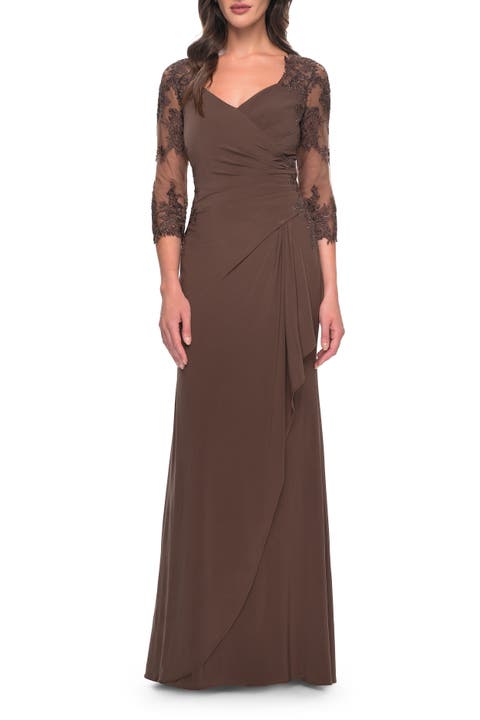 Lace and Net Jersey Gown with Illusion Sleeves