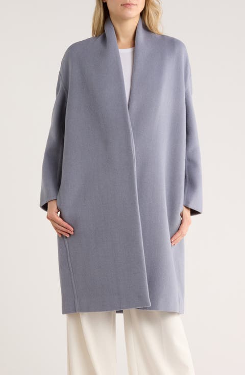 Collarless Wool Blend Longline Coat