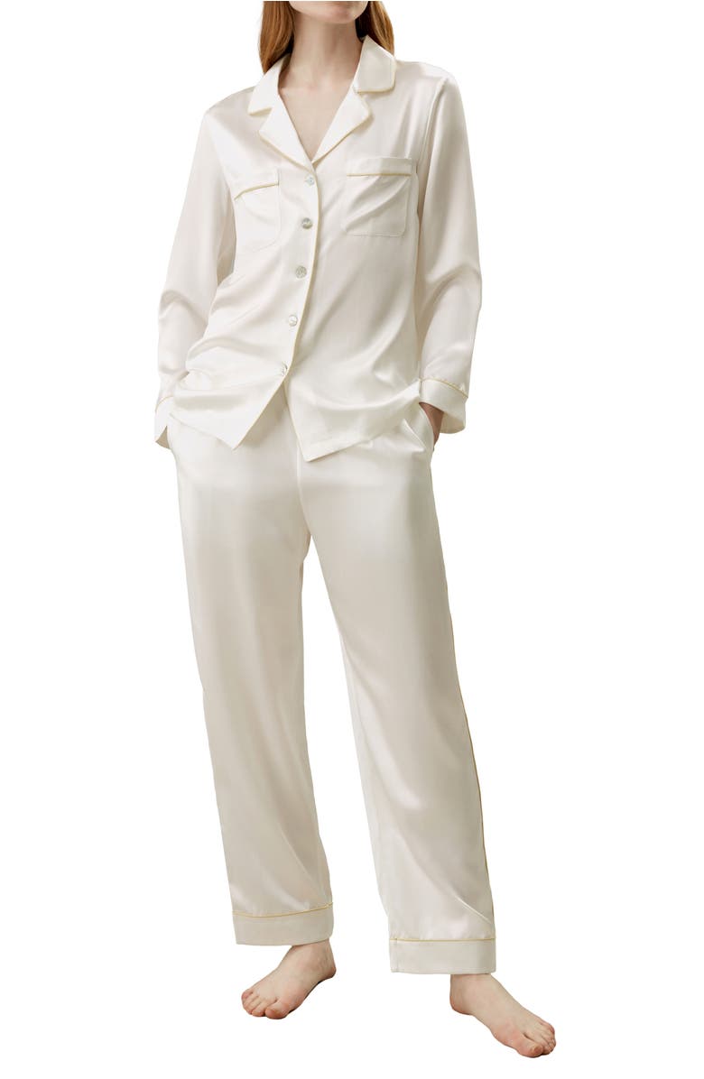 Lilysilk Women's Gold Piping Silk Pajamas Set, Main, color, Natural White