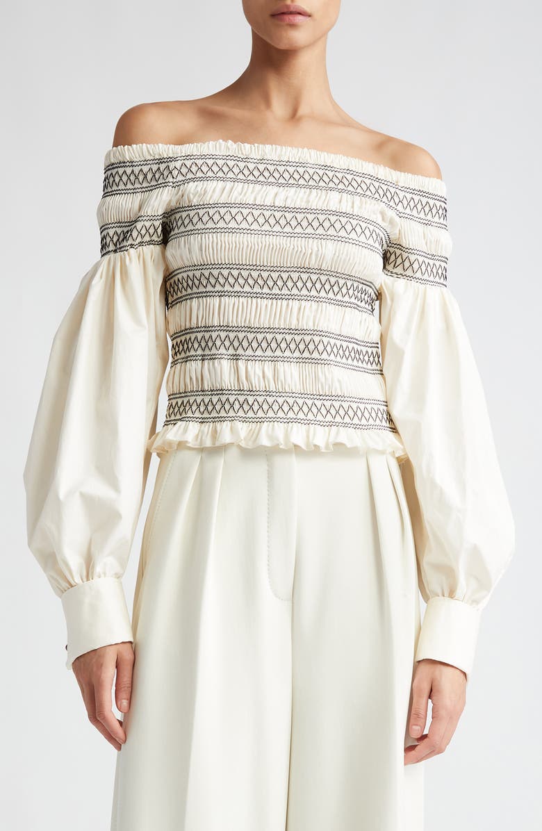 Max Mara Walk Smocked Off the Shoulder Top, Main, color, Ivory