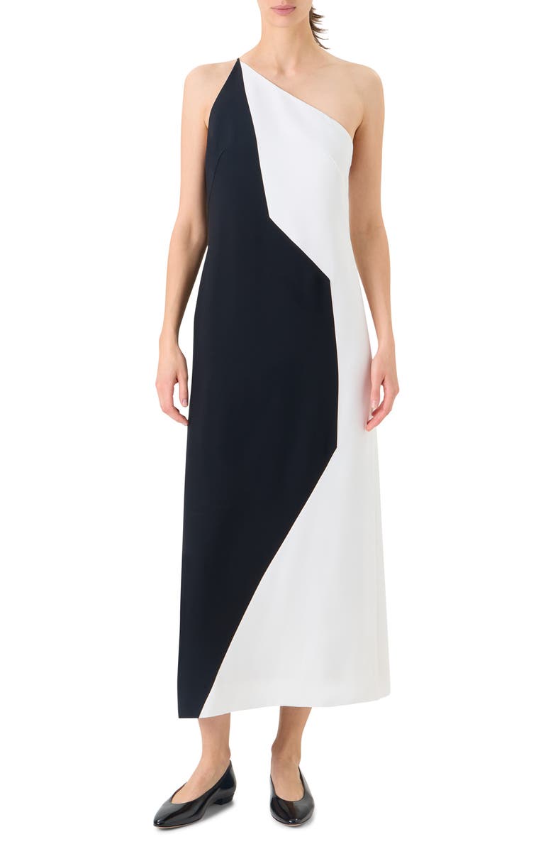 Akris High Plains Colorblock Crepe One-Shoulder Dress, Main, color, Black-Ecru