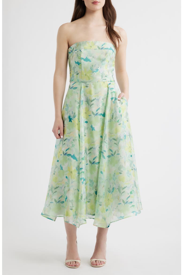 Elena Floral Print Strapless Midi Dress, Main, color, MINT MULTI