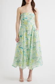 Lulus Elena Floral Print Strapless Midi Dress