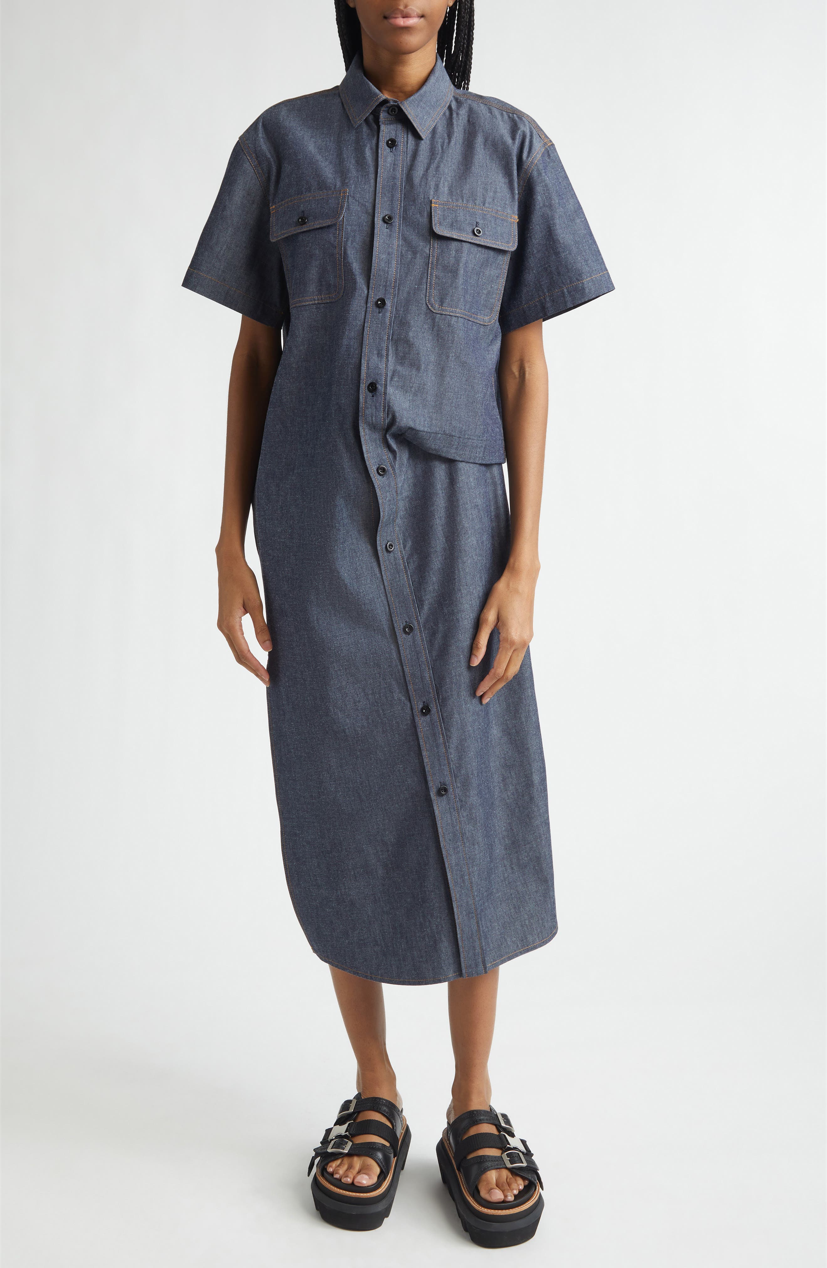 Sacai Mixed Media Long Sleeve Wool Suiting & Knit Sweater Dress