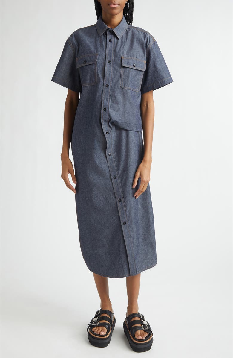 Sacai Draped Denim Shirtdress, Main, color, Blue