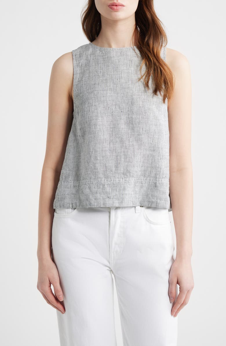 Madewell Pleated Linen Shell Top, Main, color, Black White Mini Stripe