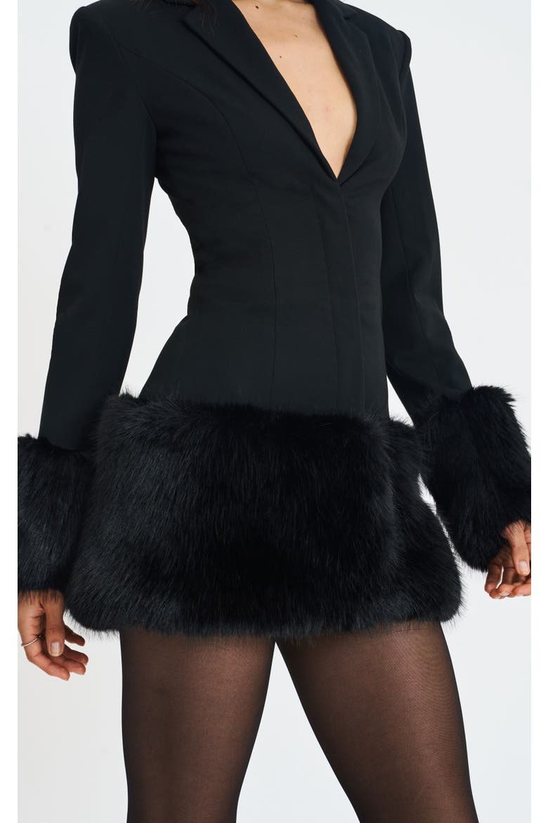 Wenona Faux Fur Trimmed V-Neck Mini Blazer Dress, Alternate, color, Black