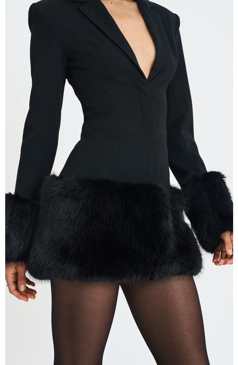 Miss Circle Wenona Faux Fur Trimmed V-Neck Mini Blazer Dress, Alternate, color, Black