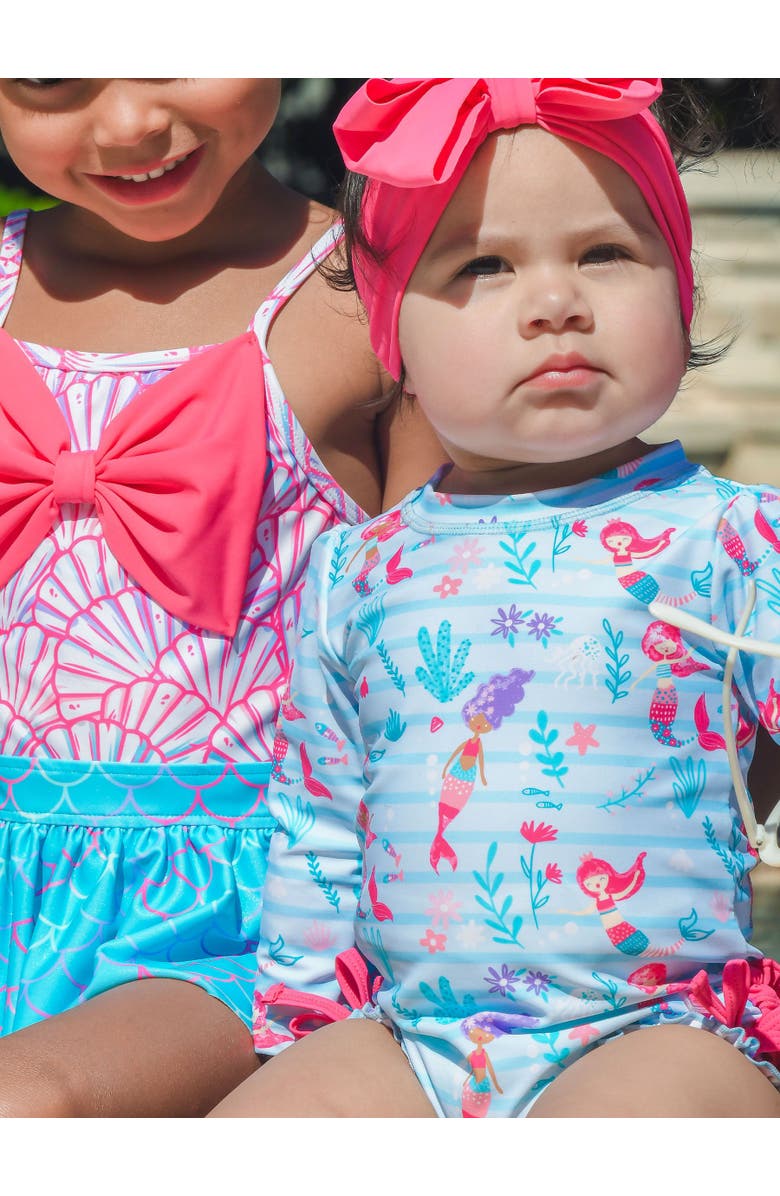 RuffleButts Baby Girls Mermaid Long Sleeve UPF50+ One Piece Rash Guard, Alternate, color, Blue Mermaid Princess