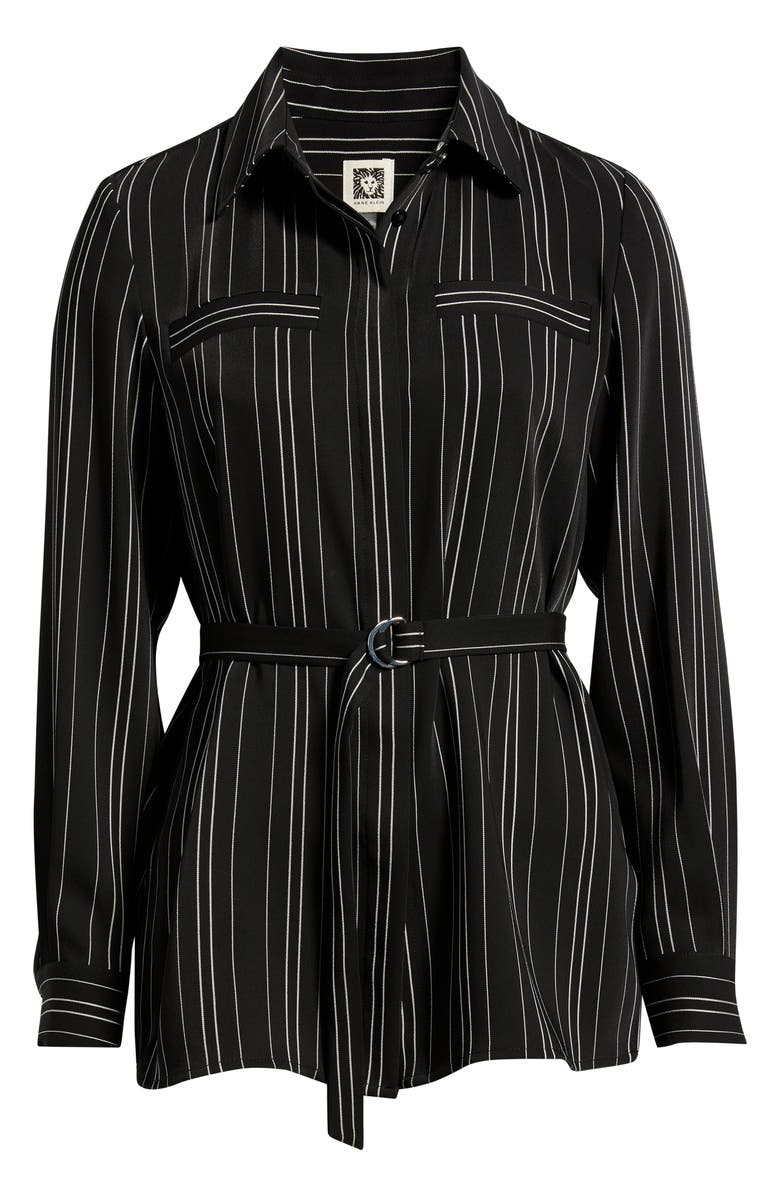 Anne Klein Pinstripe Belted Button-Up Tunic, Main, color, Anne Black/ White Dove
