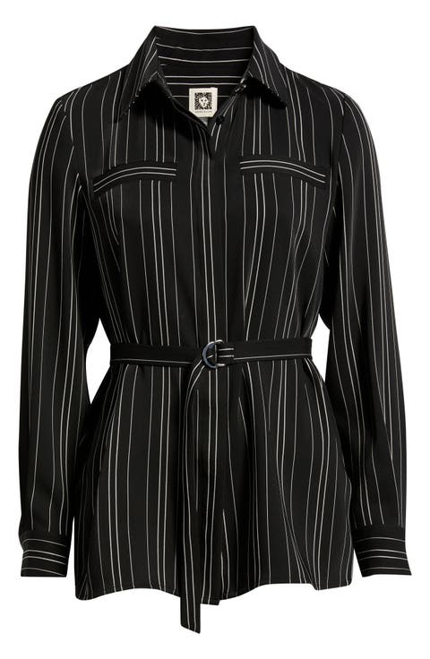 Pinstripe Belted Button-Up Tunic