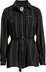 Anne Klein Pinstripe Belted Button-Up Tunic