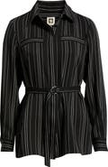 Anne Klein Pinstripe Belted Button-Up Tunic