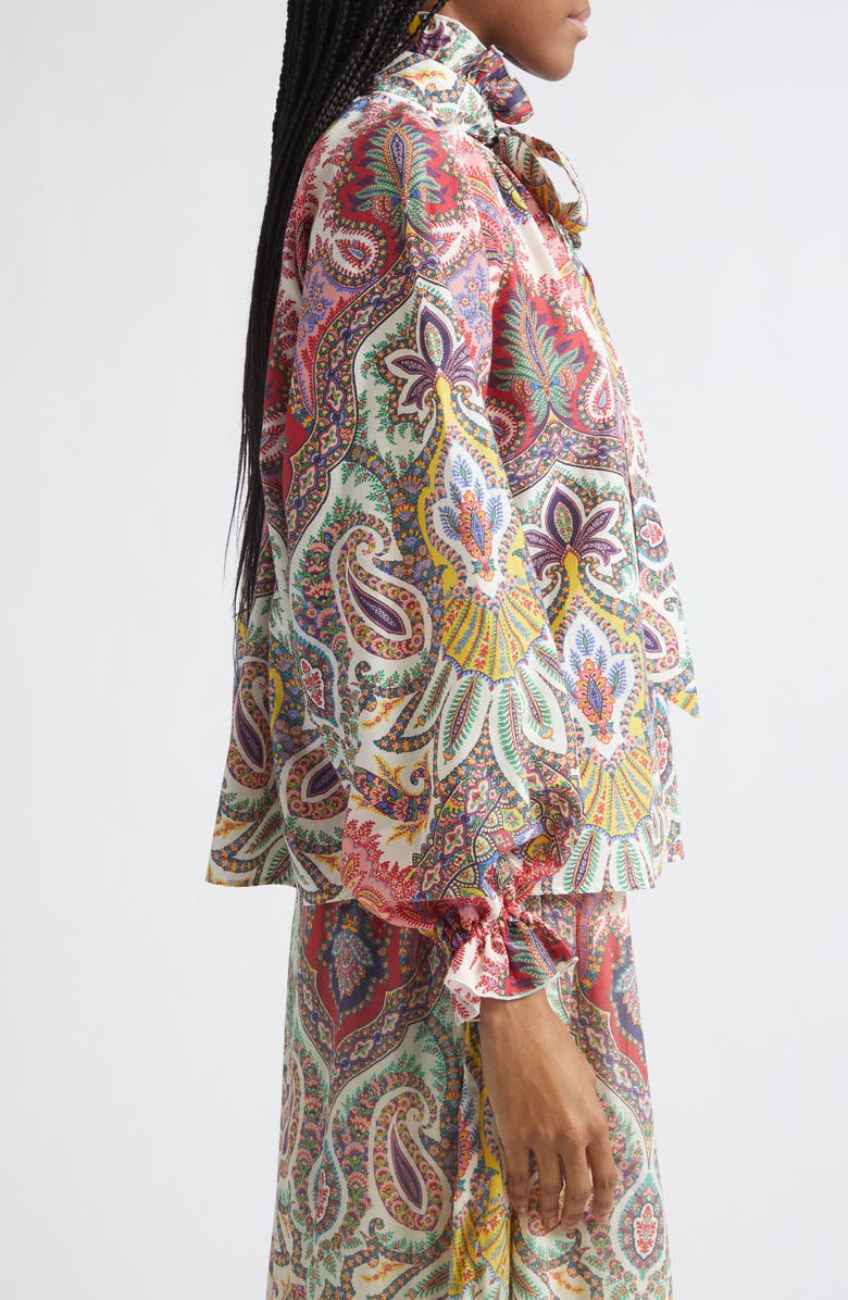 Etro Paisley Print Cotton & Silk Scarf Neck Top, Alternate, color, Print On White Base