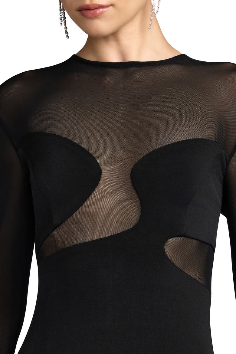 Long Sleeve Sheer Detail Mermaid Jersey Gown, Alternate, color, Black