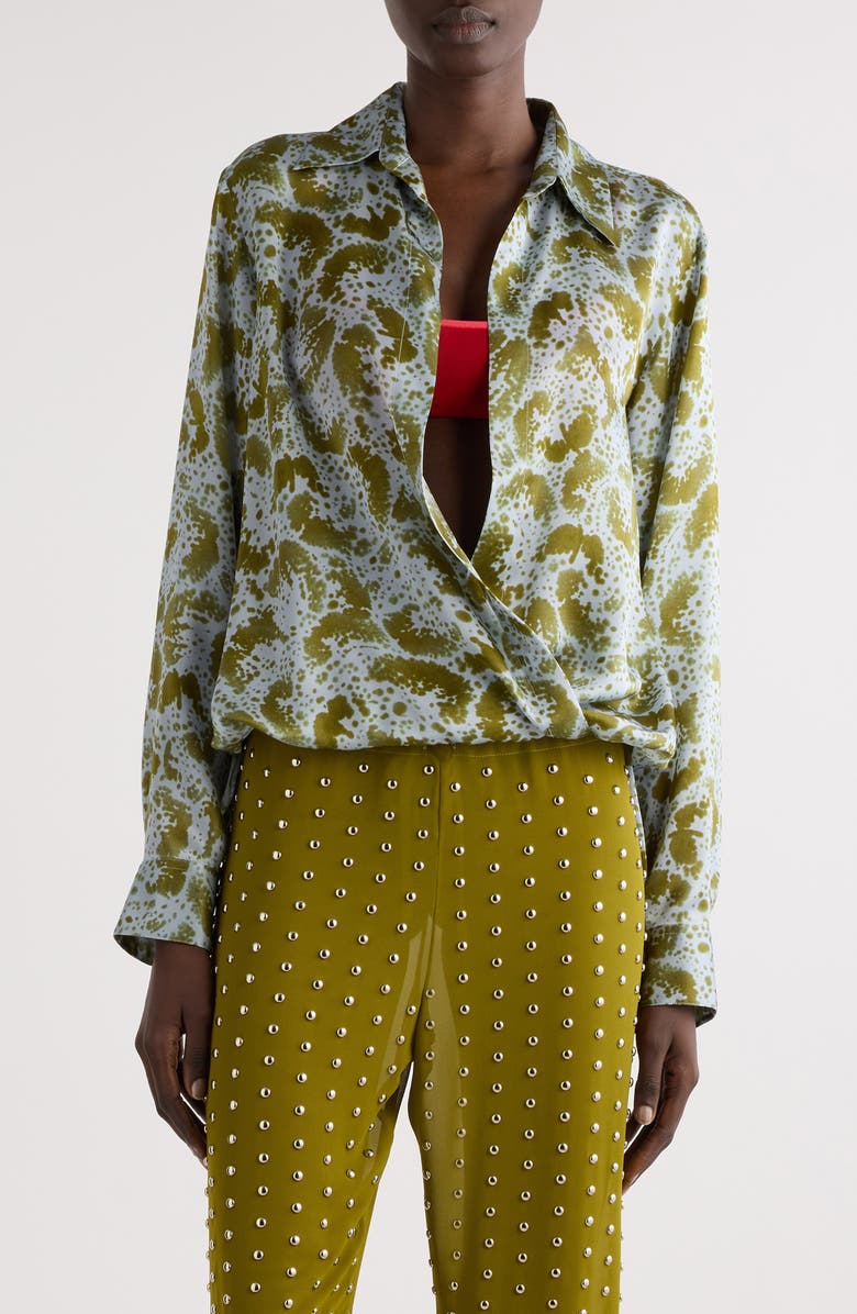 Dries Van Noten Cedal Orchid Petal Print Silk Wrap Top, Main, color, Khaki