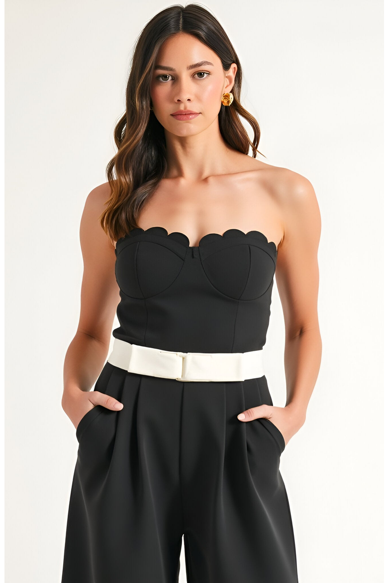 Strapless Jumpsuit with Scalloped Bodice, Waist Belt and Wide-Leg Pants, Alternate, color, Black