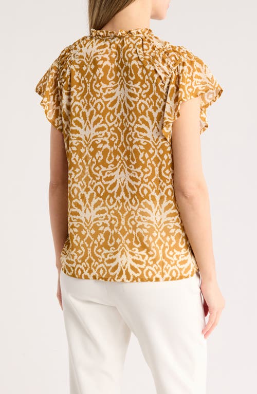Pleione Flutter Sleeve Split Neck Top In Orange