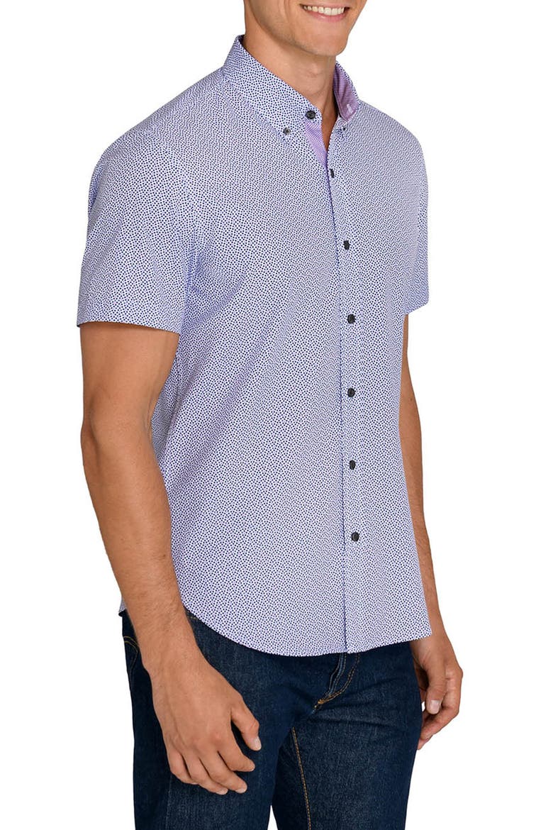 Geometric Short Sleeve Button-Down Shirt, Alternate, color, WHITE/ PURPLE