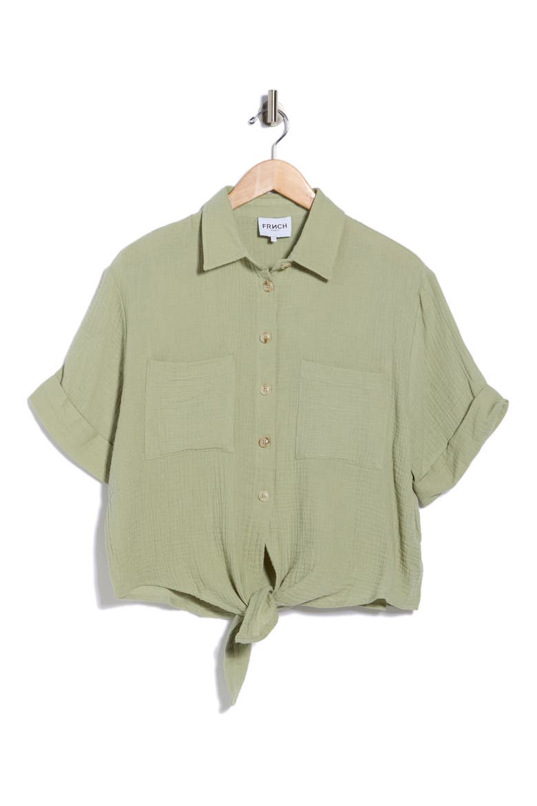 Short Sleeve Tie Front Button-Up Top, Alternate, color, PISTACHE