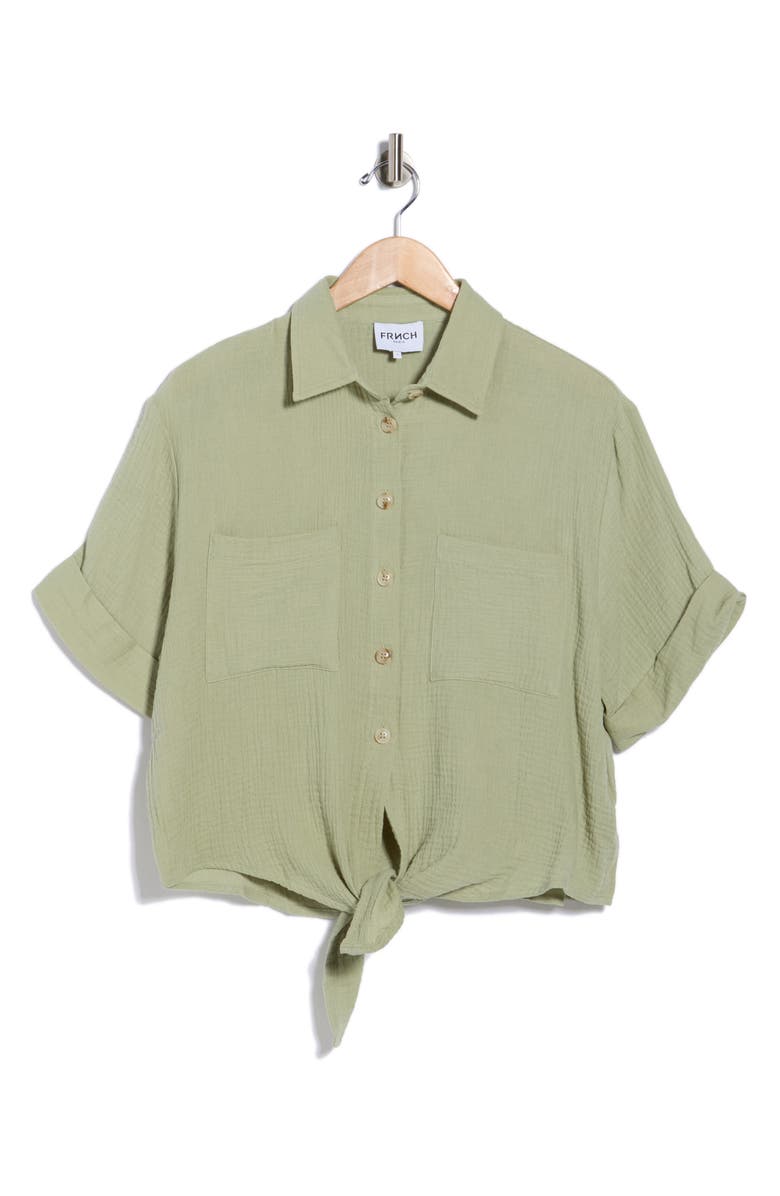 FRNCH Short Sleeve Tie Front Button-Up Top, Main, color, Pistache