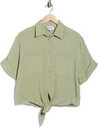 FRNCH Short Sleeve Tie Front Button-Up Top