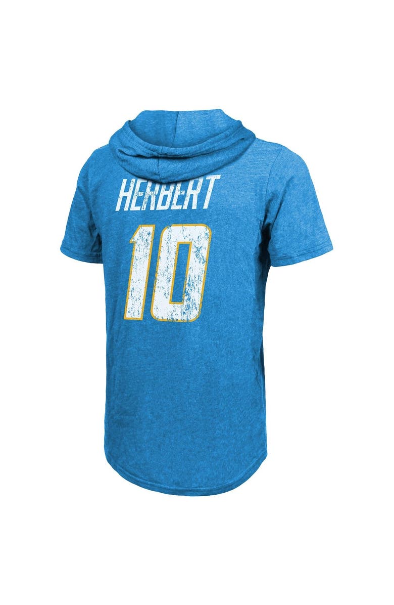 Majestic Threads Men's Majestic Threads Justin Herbert Powder Blue Los Angeles Chargers Player Name & Number Tri-Blend Slim Fit Hoodie T-Shirt, Alternate, color, 