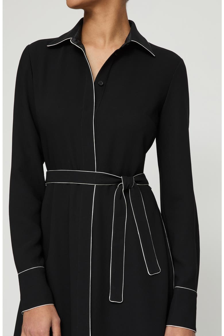 Contrast Piping Long Sleeve Finesse Crepe Belted Shirtdress, Alternate, color, BLACK