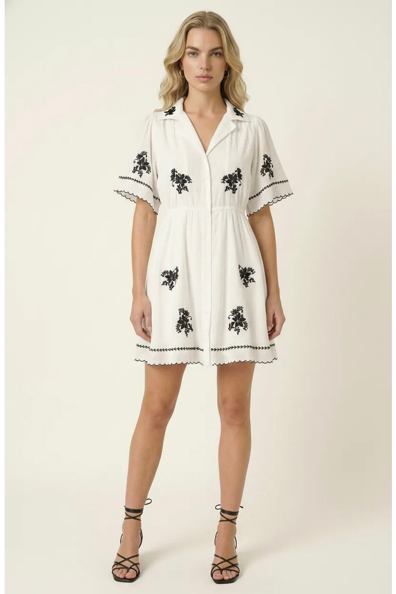 Short-Sleeve Button-Front Embroidered Shirt Dress, Alternate, color, White / Black
