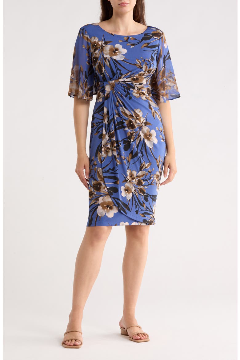 Floral Side Ruched Faux Wrap Dress, Main, color, CADET