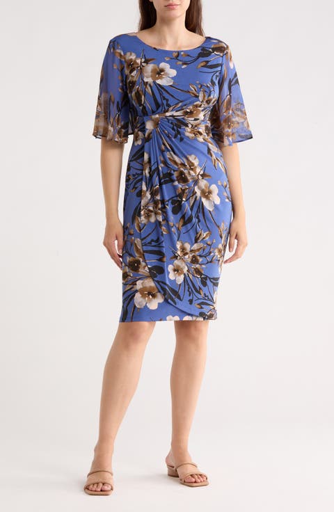 Floral Side Ruched Faux Wrap Dress (Plus)