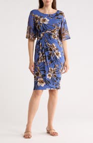 Connected Apparel Floral Side Ruched Faux Wrap Dress