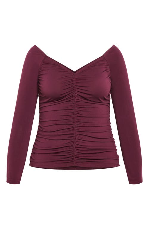 City Chic Sally Ruched Off The Shoulder Top In Burgundy
