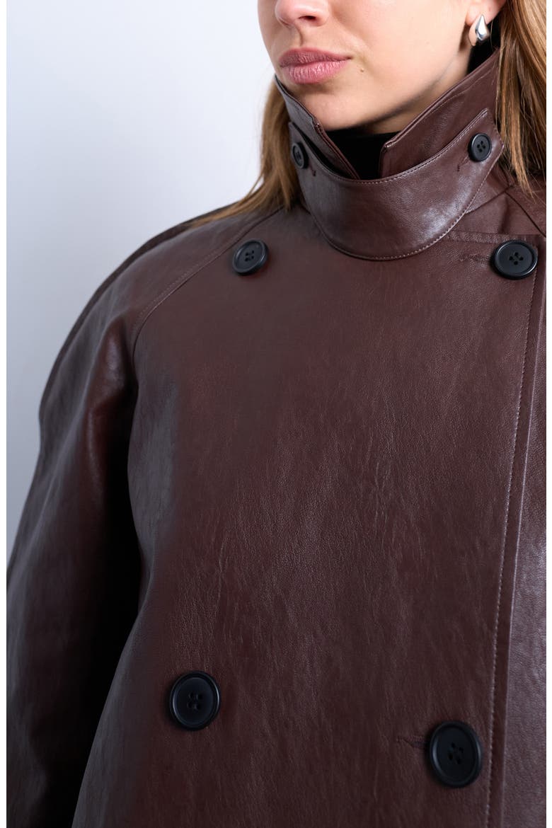 Ovoid Sleeve Short Faux Leather Trench Coat, Alternate, color, BROWN