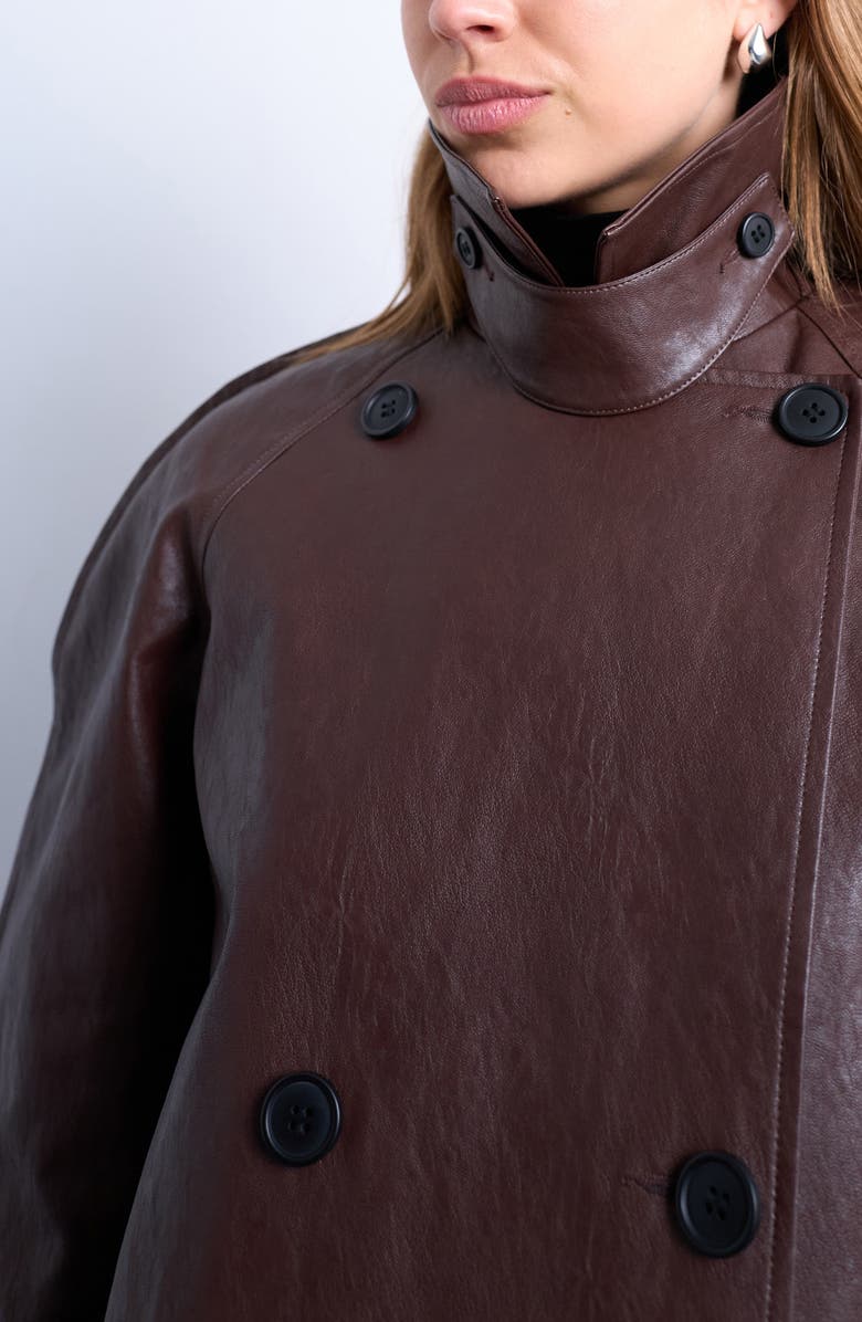 Topshop Ovoid Sleeve Short Faux Leather Trench Coat, Alternate, color, Brown