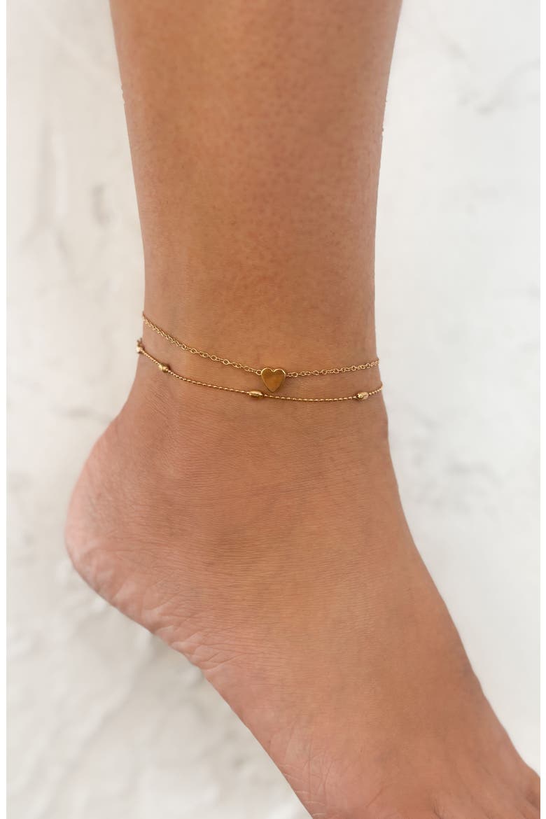 Set of 2 Heart & Station Chain Anklets, Alternate, color, GOLD